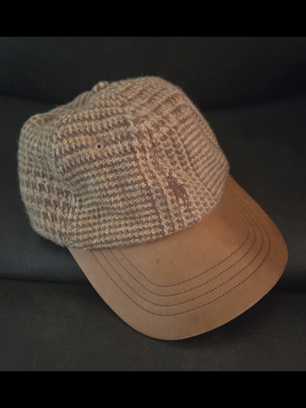 Polo Ralph Lauren Brown Herringbone Tweed Wool Leather Strap Hat Rare Cap 41381